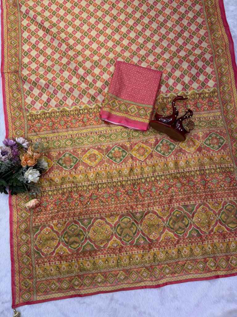 SOFT CHOSMO SILK PRINT KATDANA HANDWORK SAREE