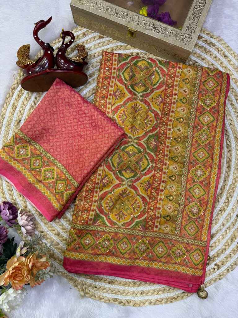 SOFT CHOSMO SILK PRINT KATDANA HANDWORK SAREE