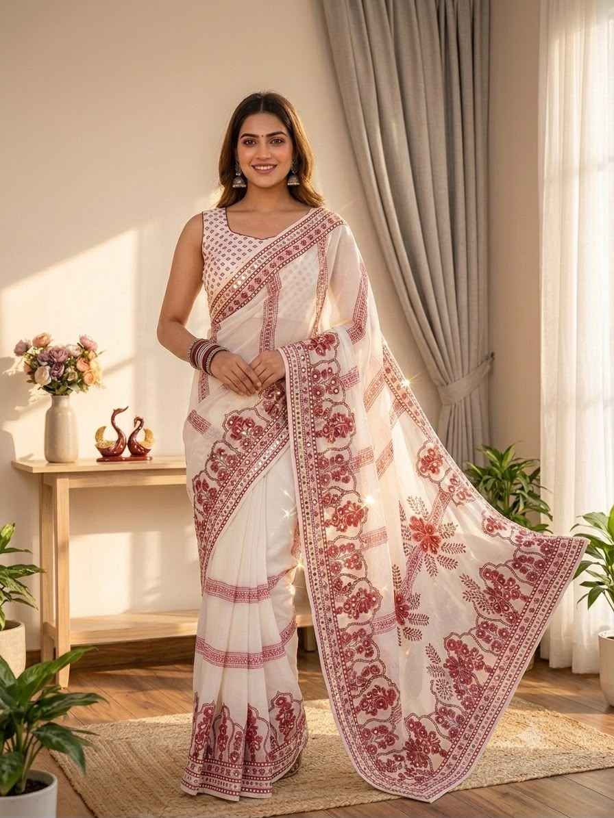 SOFT FOX GEORGETTE KATDANA REAL MIRROR WORK SAREE