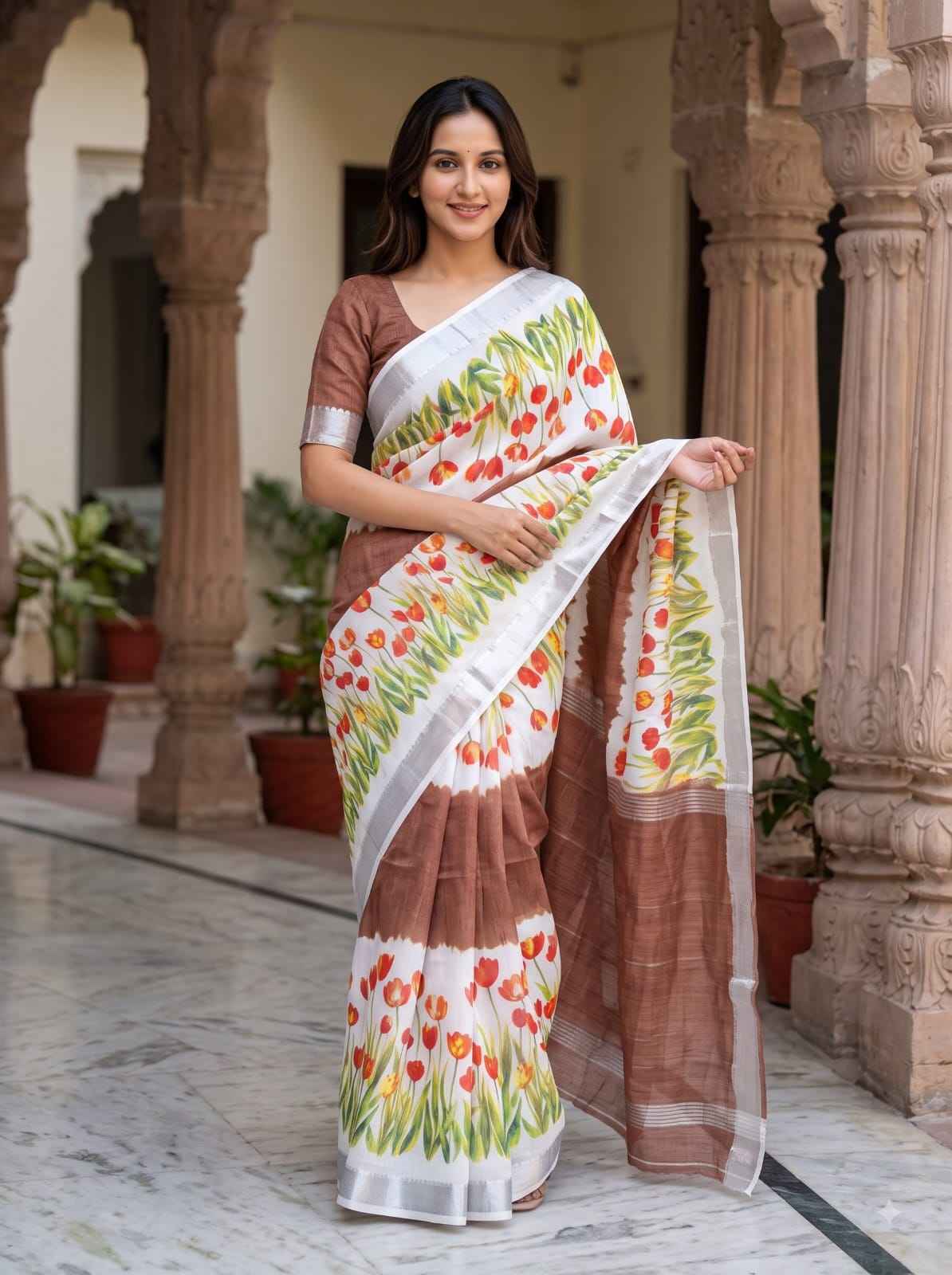 SOFT LINEN DIGITAL PRINTED MANGALAGIRI ZARI BORDER SAREE  MG699