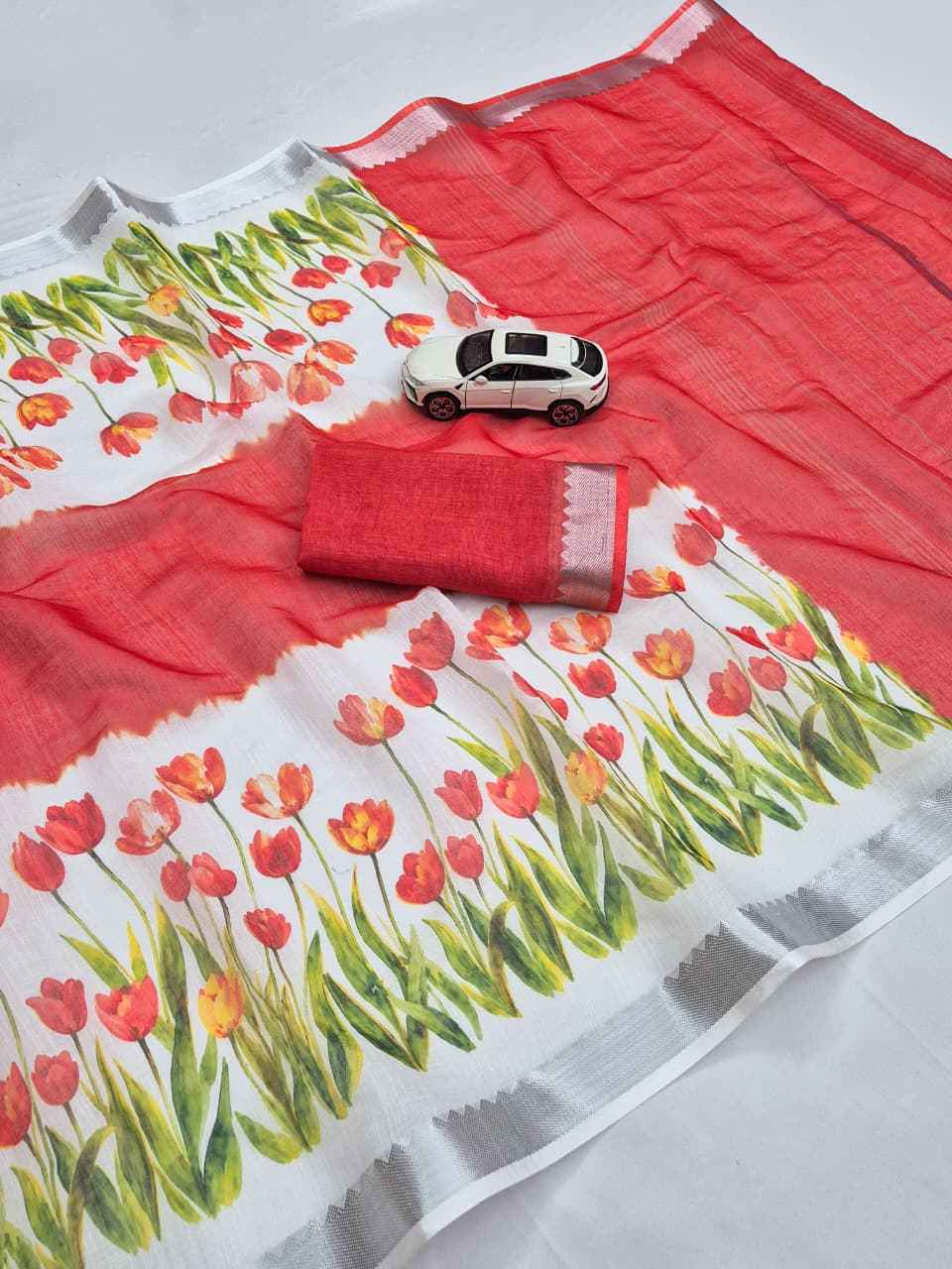 SOFT LINEN DIGITAL PRINTED MANGALAGIRI ZARI BORDER SAREE  MG699