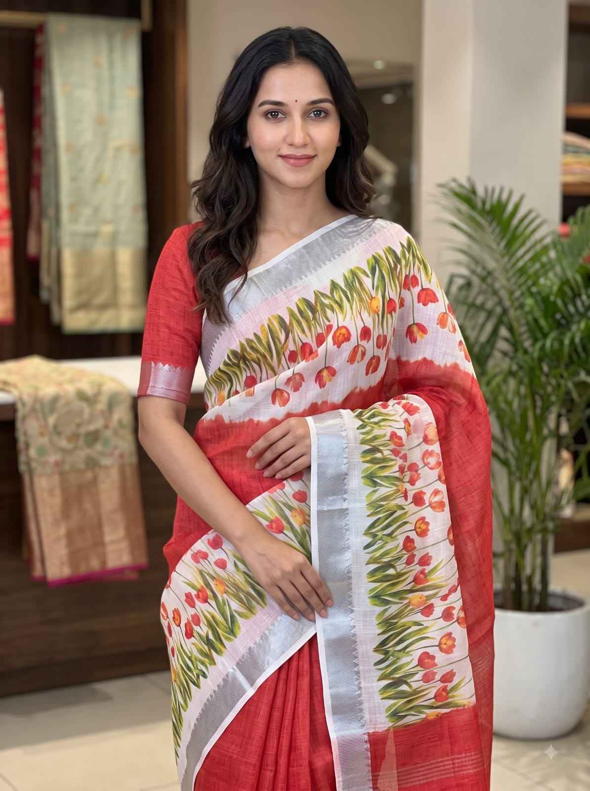 SOFT LINEN DIGITAL PRINTED MANGALAGIRI ZARI BORDER SAREE  MG699