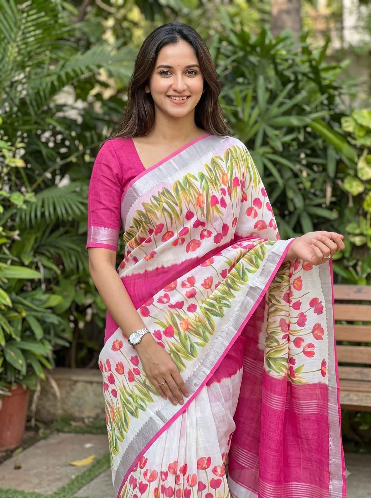 SOFT LINEN DIGITAL PRINTED MANGALAGIRI ZARI BORDER SAREE  MG699