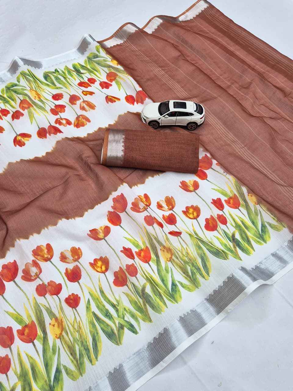 SOFT LINEN DIGITAL PRINTED MANGALAGIRI ZARI BORDER SAREE  MG699