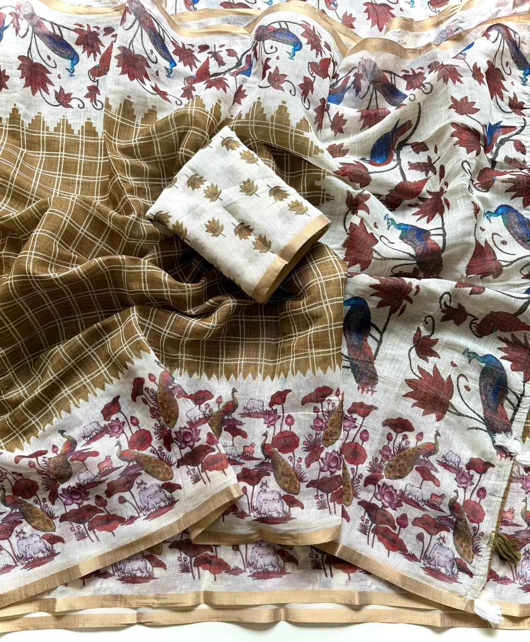 SOFT LINEN CHEX DIGITAL PRINTED SAREE