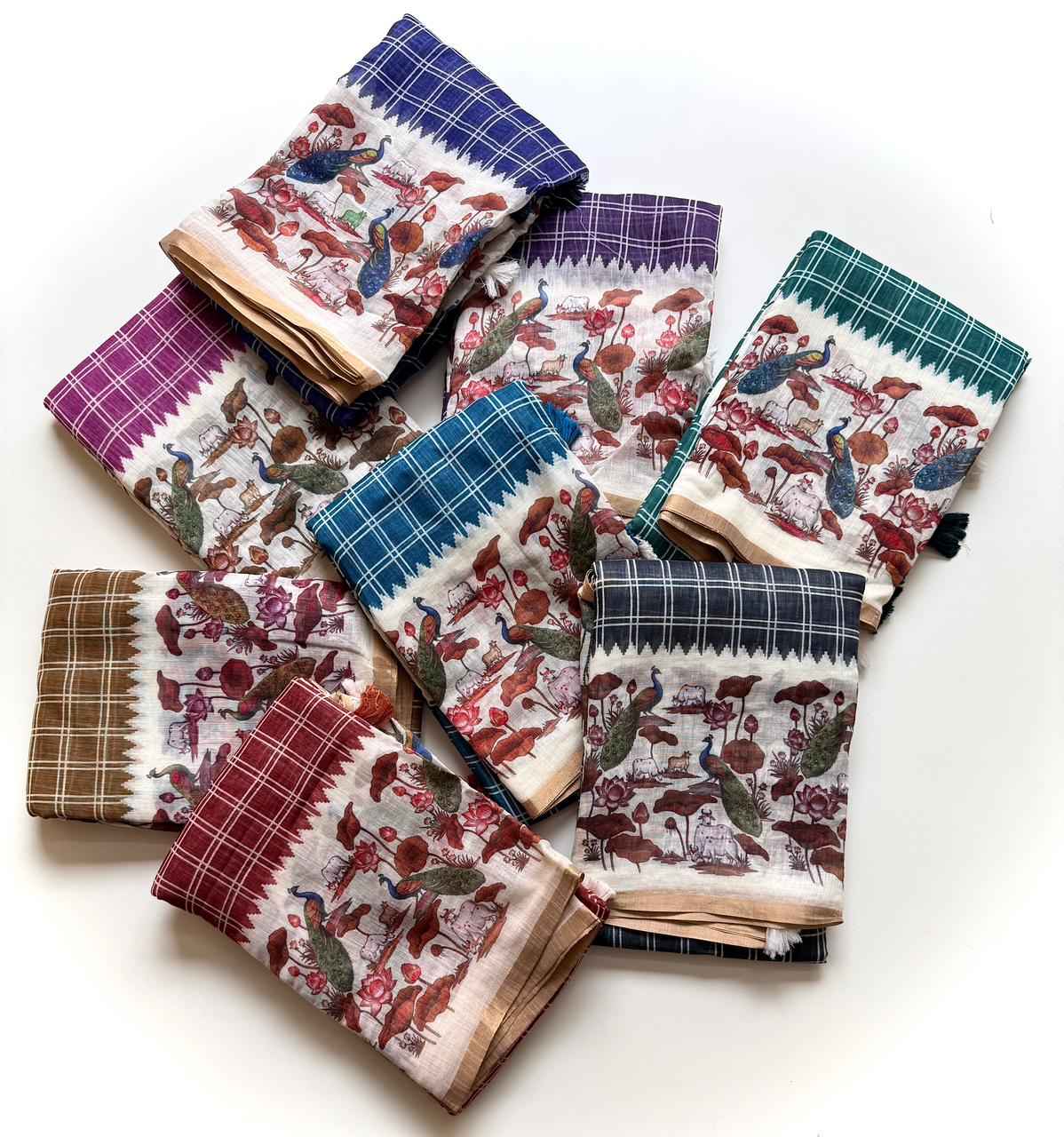 SOFT LINEN CHEX DIGITAL PRINTED SAREE