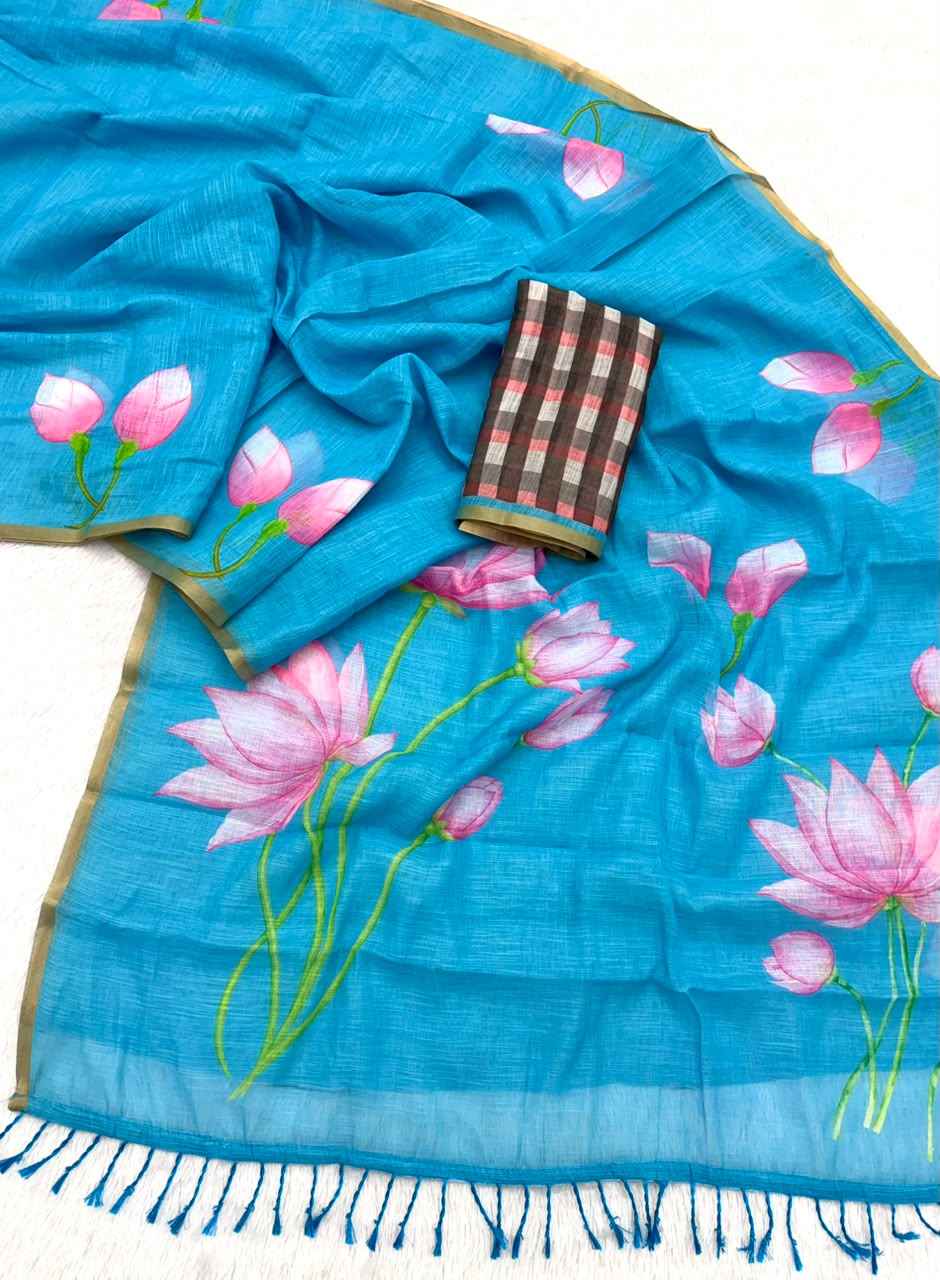 SOFT LINEN DIGITAL PRINTED SILVER BORDER SAREE 