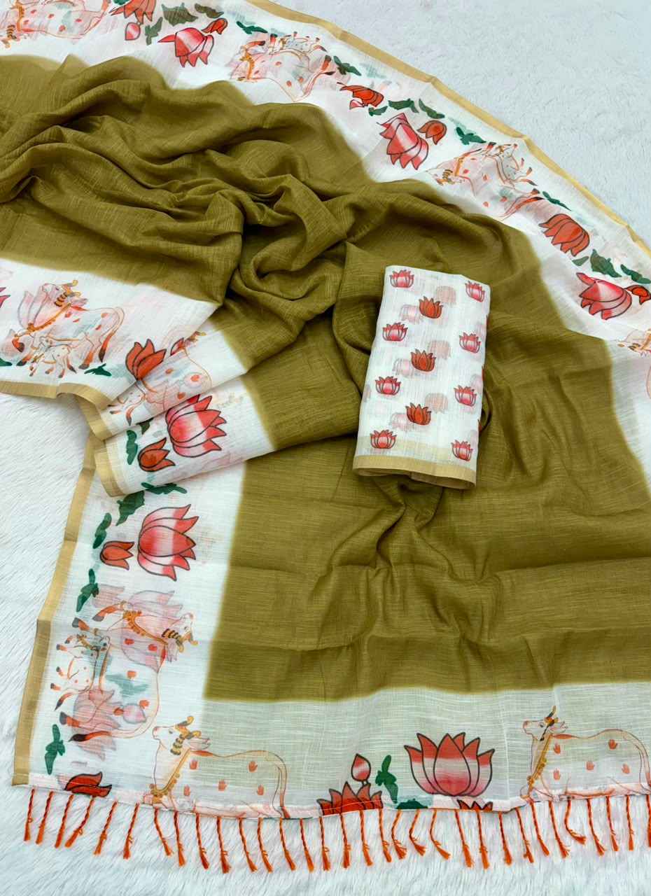 SOFT LINEN DIGITAL PRINTED SILVER BORDER SAREE 