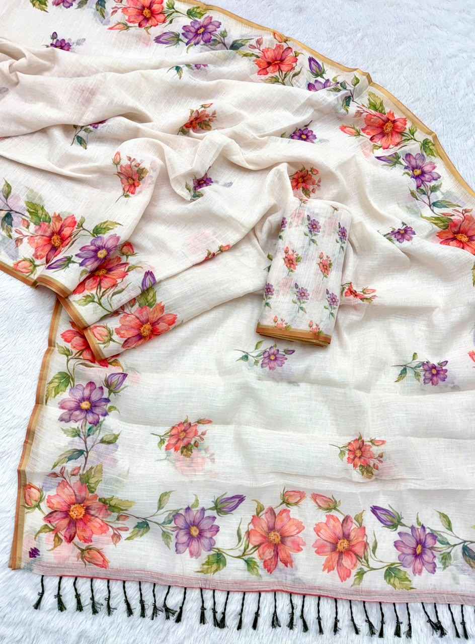 SOFT LINEN DIGITAL PRINTED SILVER BORDER SAREE 