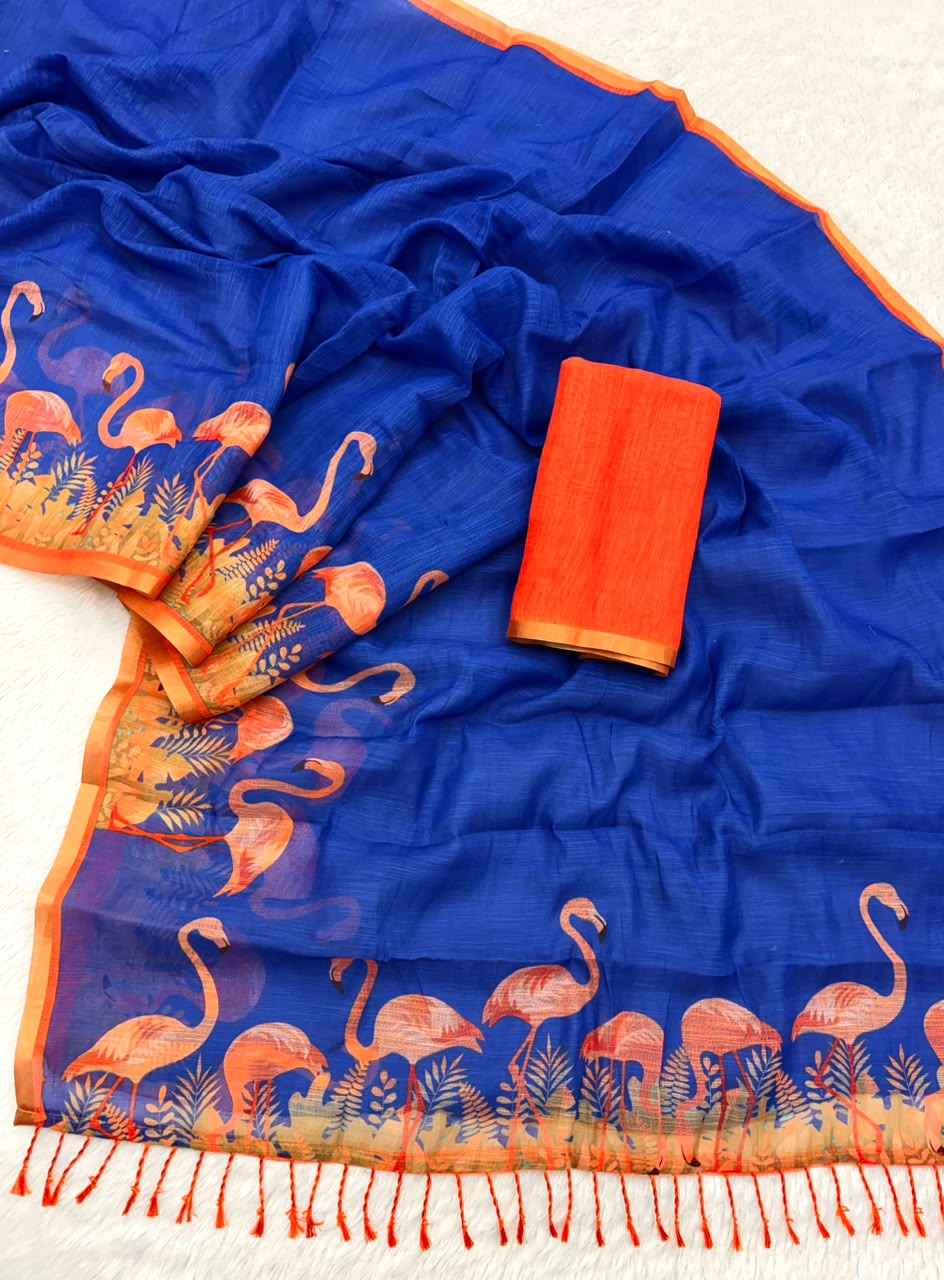 SOFT LINEN DIGITAL PRINTED SILVER BORDER SAREE 
