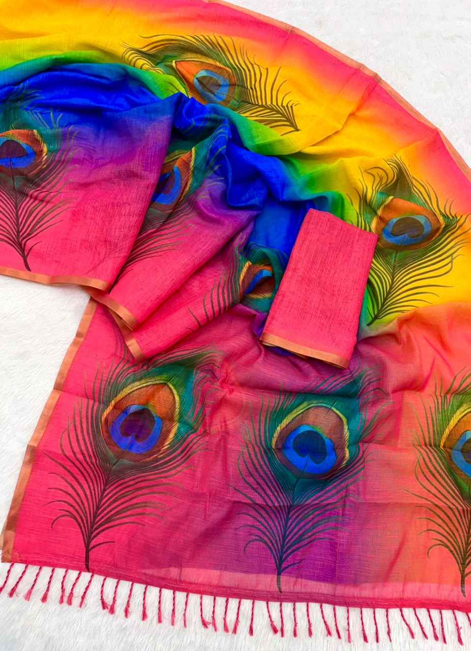 SOFT LINEN DIGITAL PRINTED SILVER BORDER SAREE 