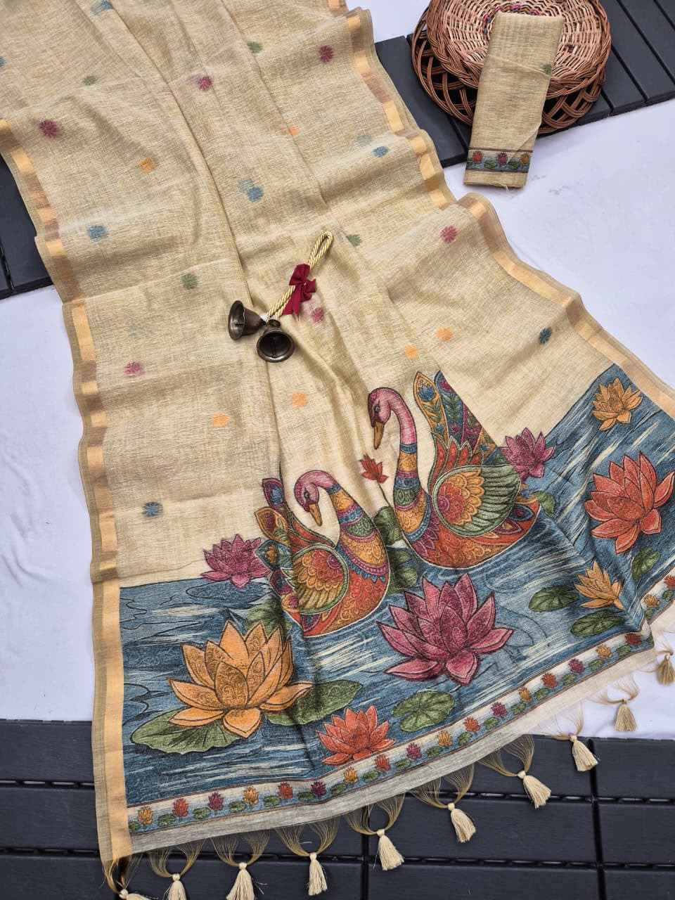 PREMIUM SOFT LINEN SILK SWAN AND LOTUS WEAVING SAREE