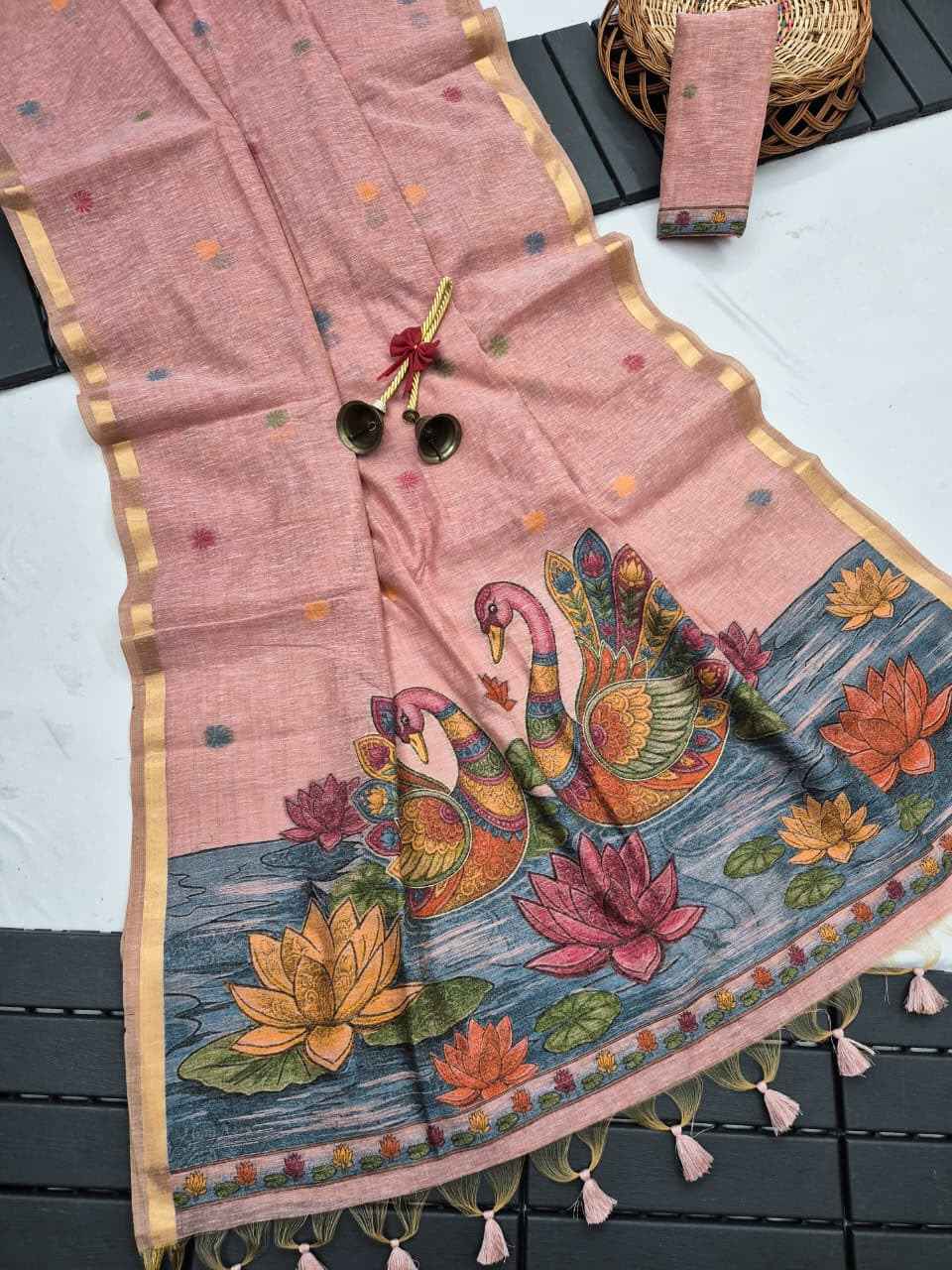 PREMIUM SOFT LINEN SILK SWAN AND LOTUS WEAVING SAREE