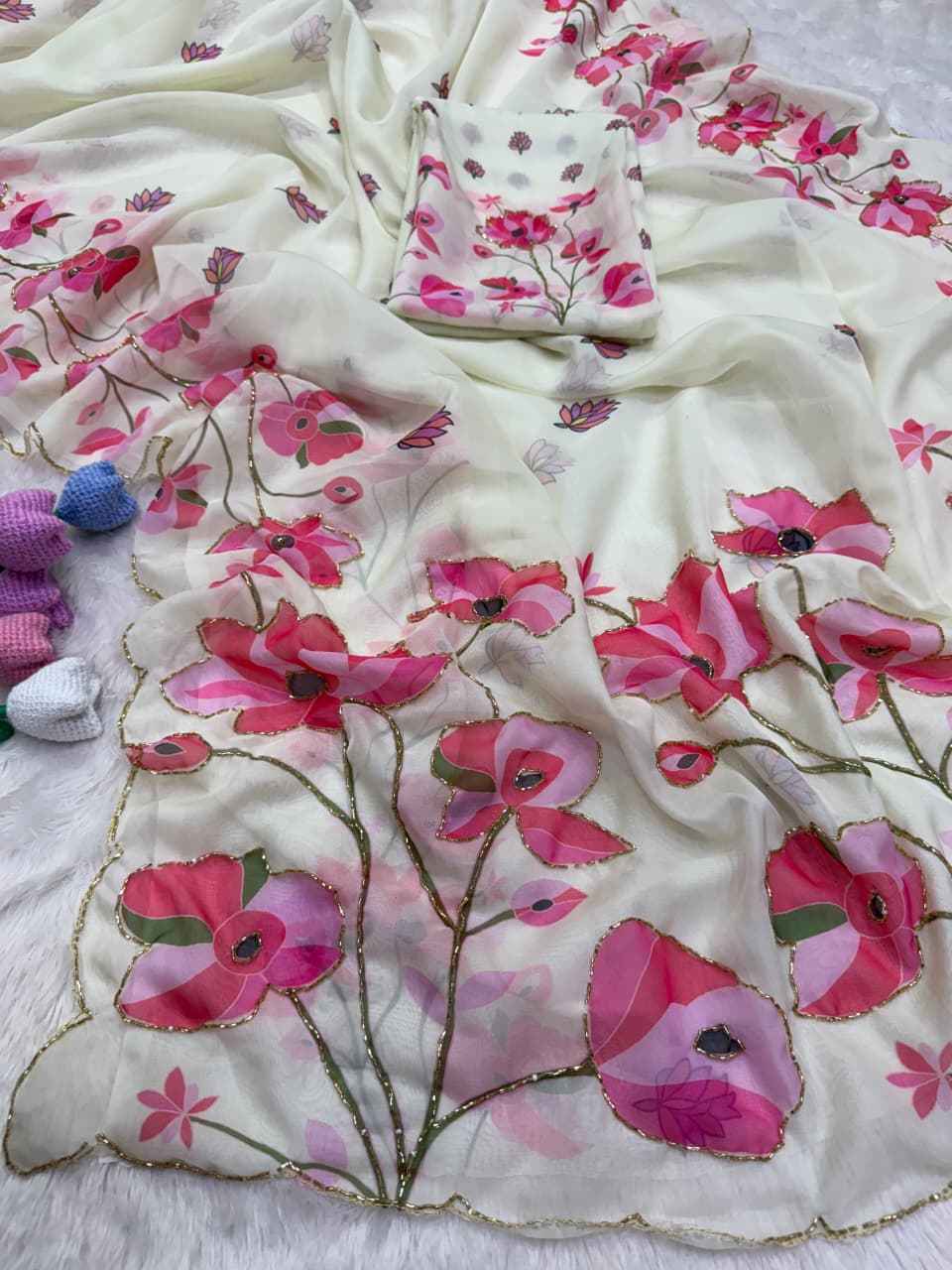 SOFT TEBBY SILK FLORAL PRINT HANDWORK SAREE 12