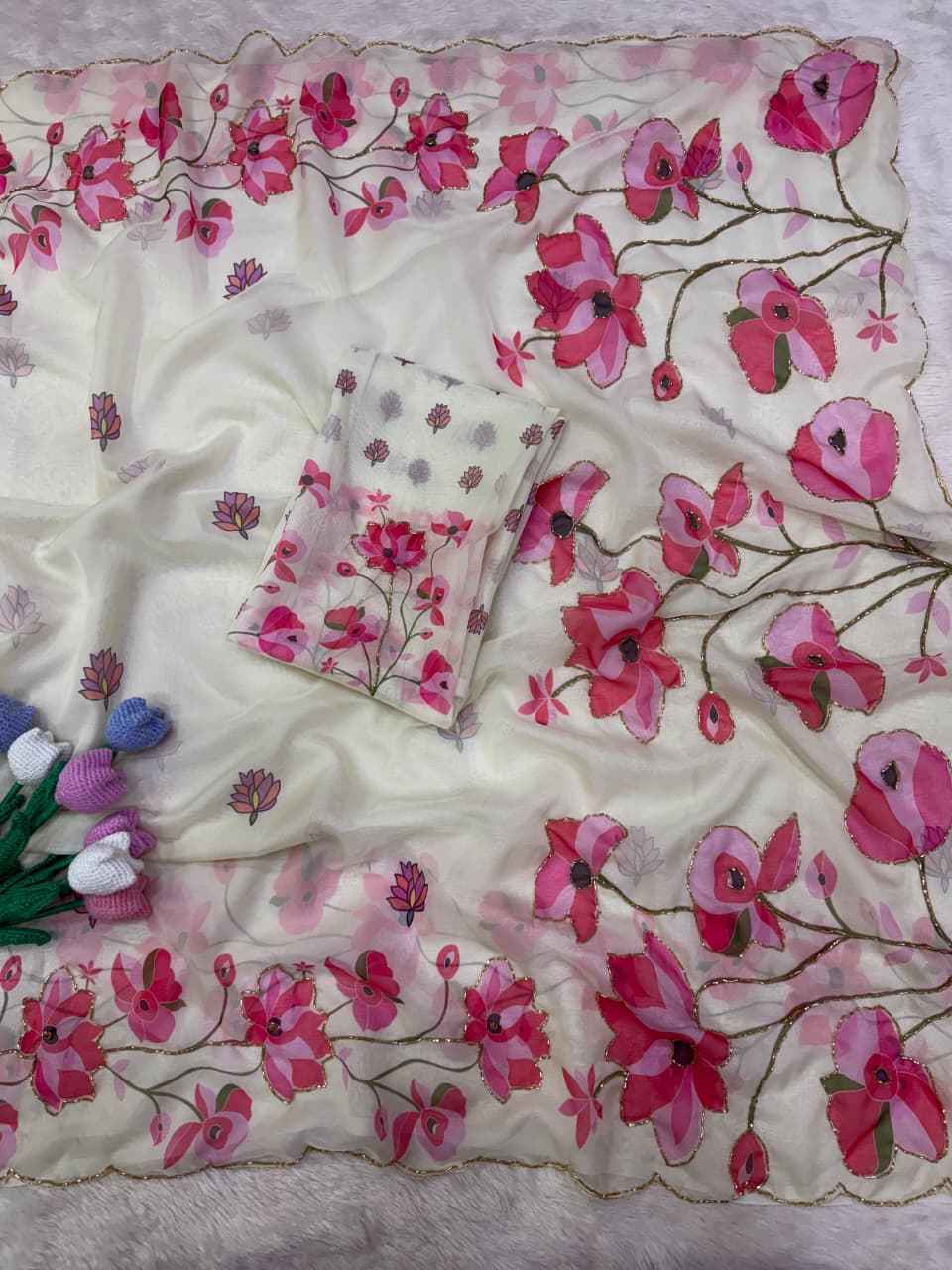 SOFT TEBBY SILK FLORAL PRINT HANDWORK SAREE 12