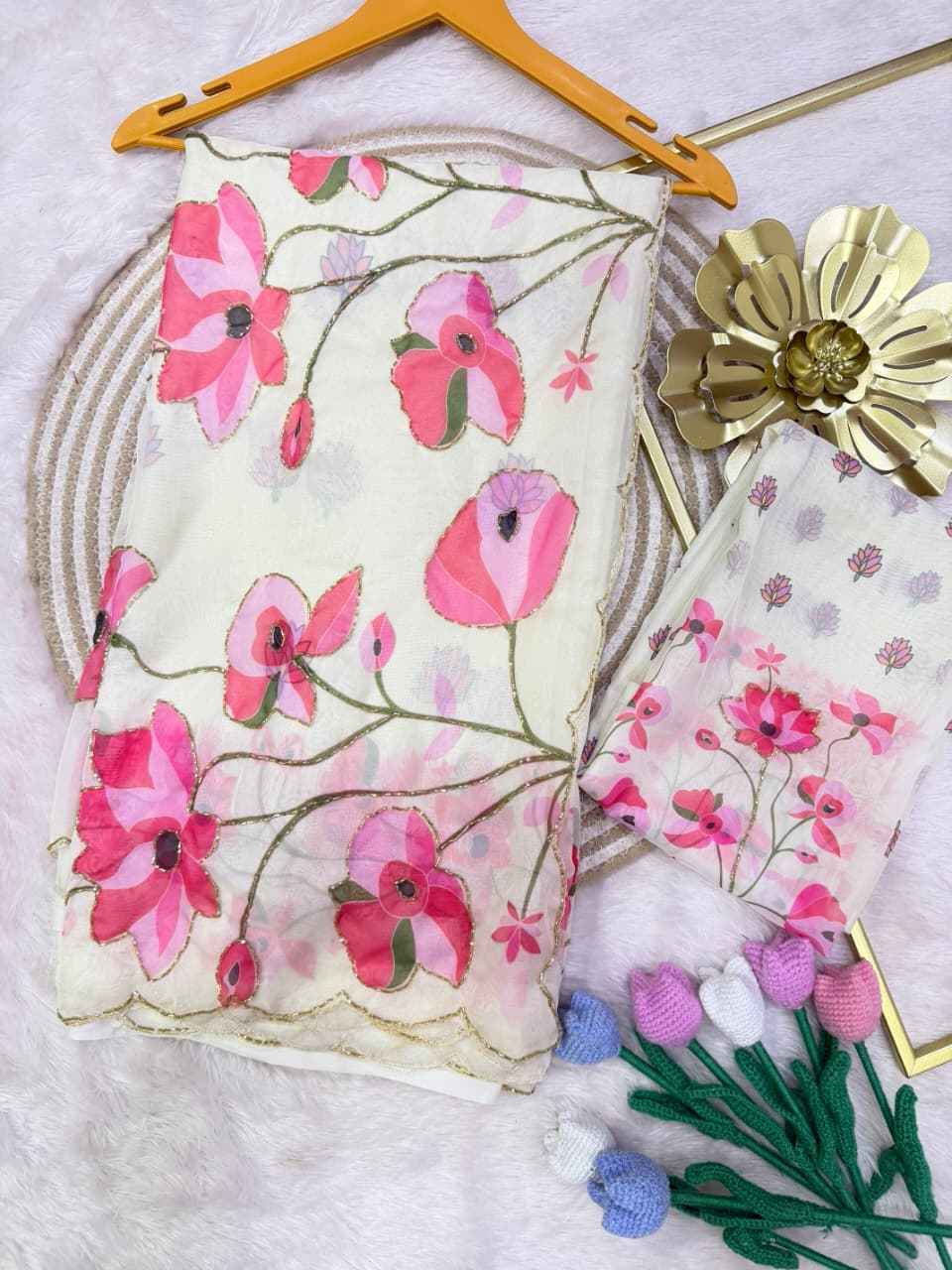 SOFT TEBBY SILK FLORAL PRINT HANDWORK SAREE 12
