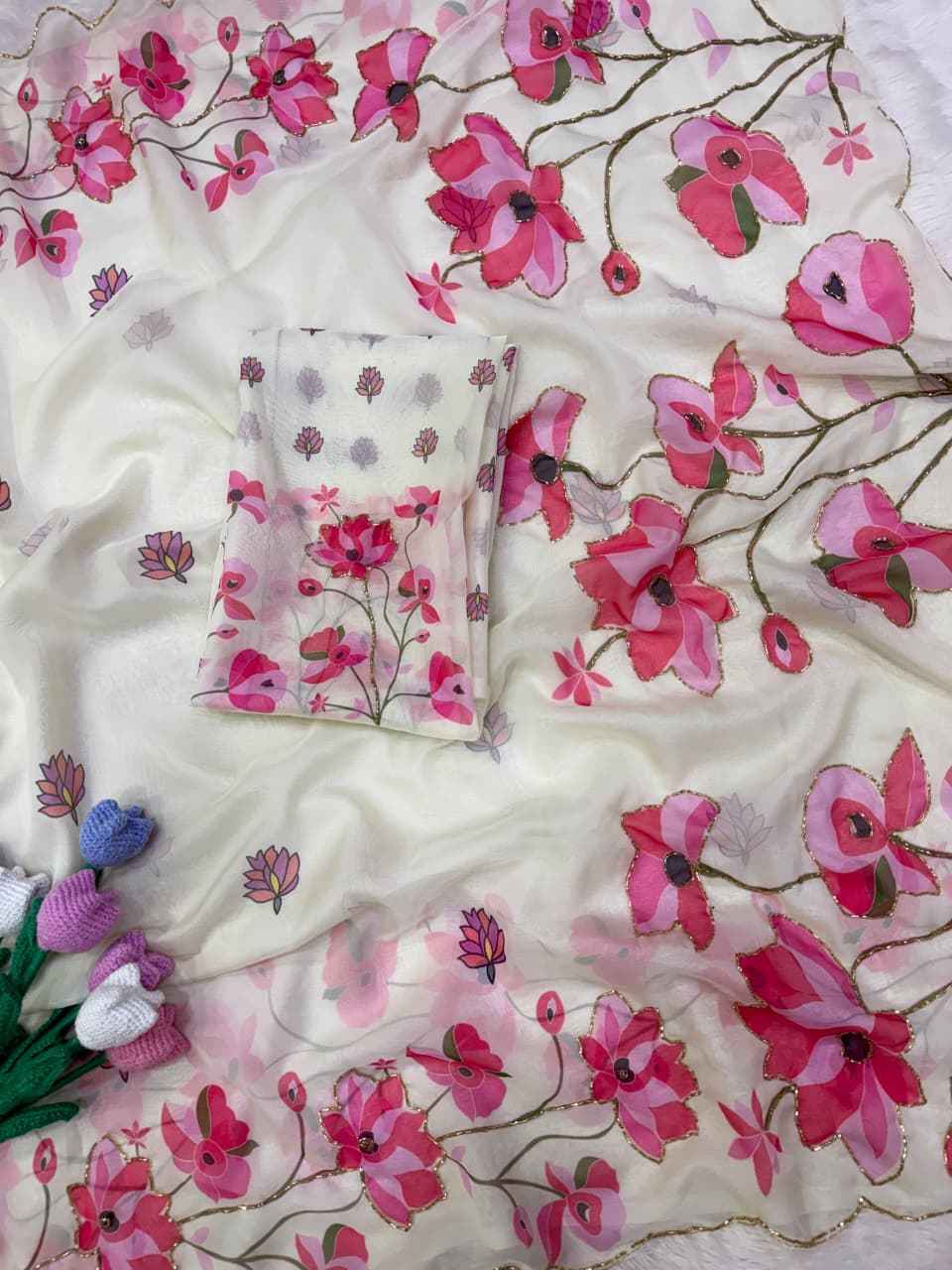 SOFT TEBBY SILK FLORAL PRINT HANDWORK SAREE 12