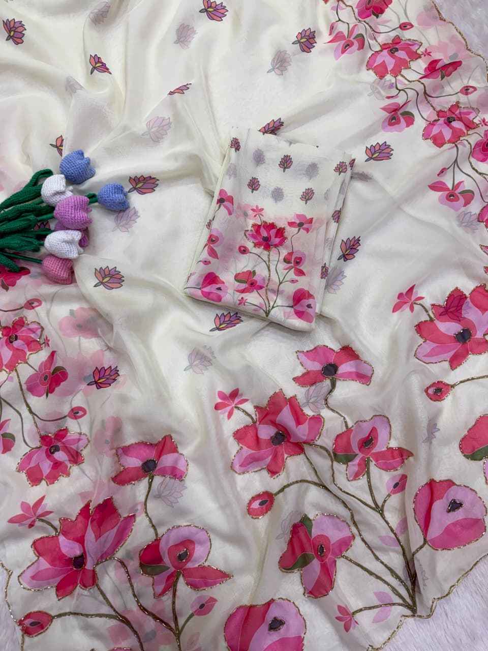 SOFT TEBBY SILK FLORAL PRINT HANDWORK SAREE 12