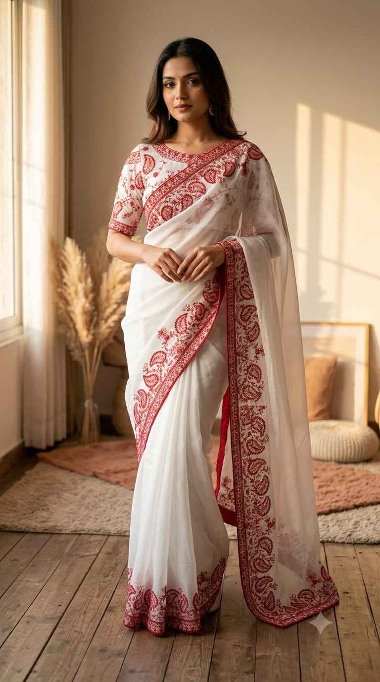 SOFT TEBBY SILK SEQUINS THREAD EMBROIDERY WORK DURGA POOJA SAREE