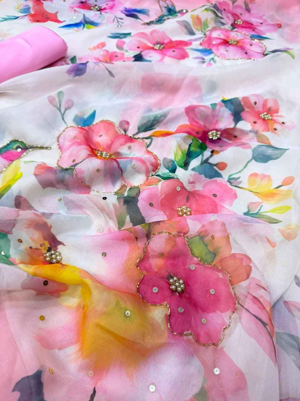 SOFT TEBBY SILK FLORAL PRINT HANDWORK SAREE 9