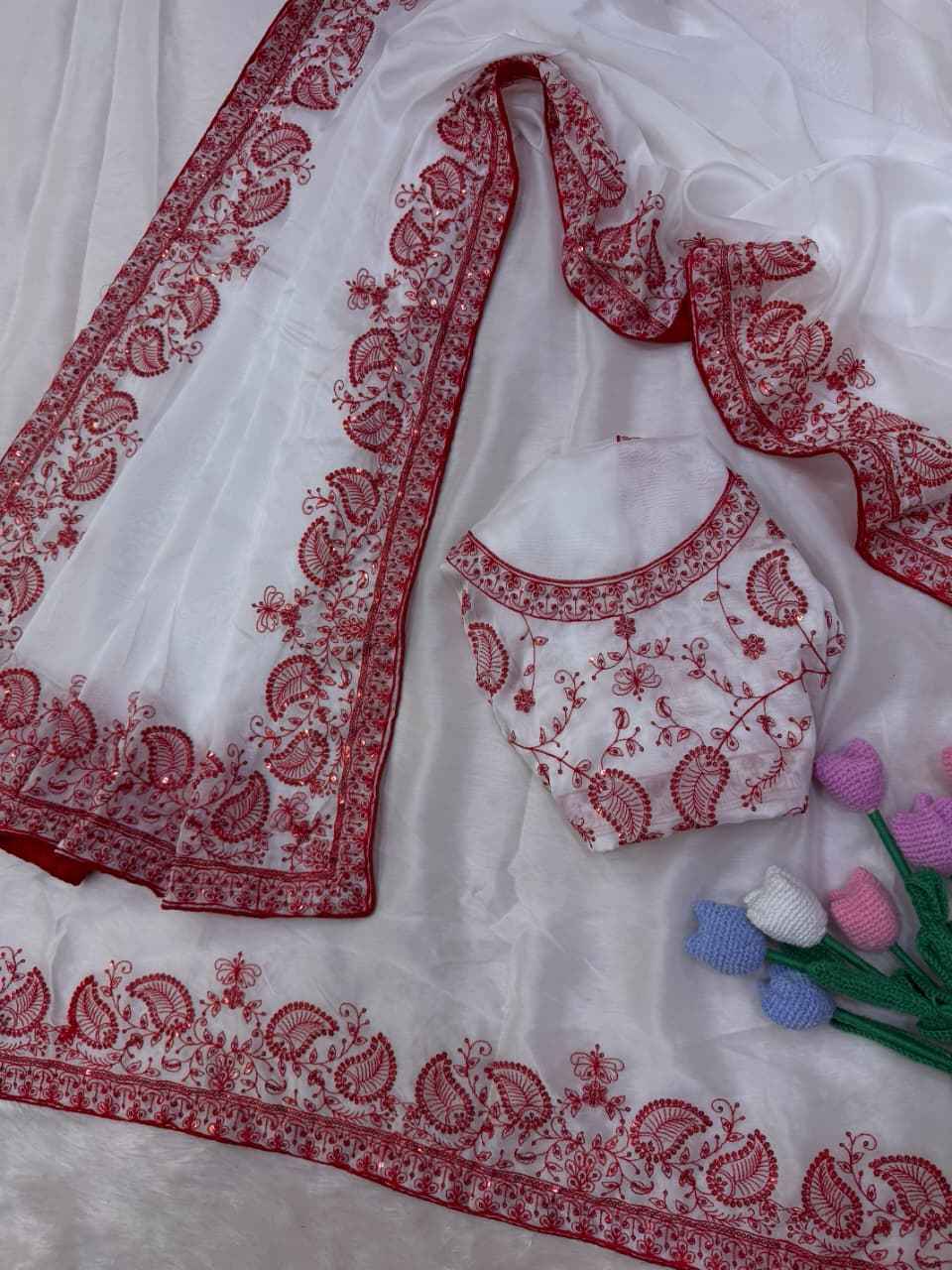 SOFT TEBBY SILK SEQUINS THREAD EMBROIDERY WORK DURGA POOJA SAREE
