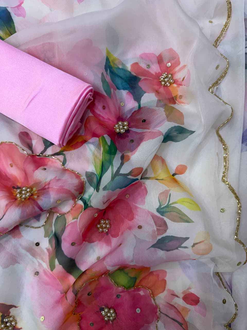 SOFT TEBBY SILK FLORAL PRINT HANDWORK SAREE 9