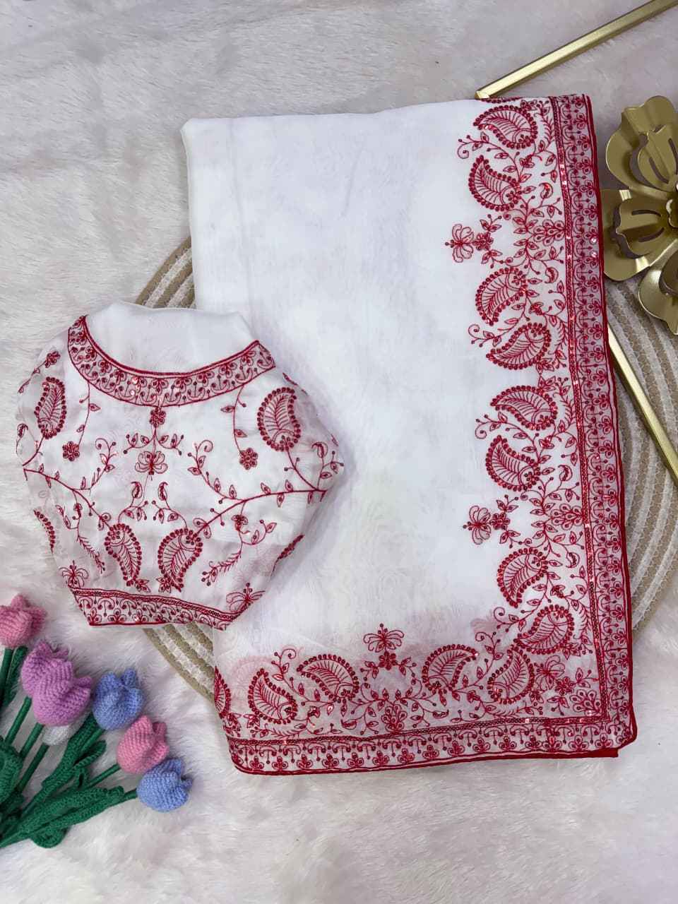 SOFT TEBBY SILK SEQUINS THREAD EMBROIDERY WORK DURGA POOJA SAREE