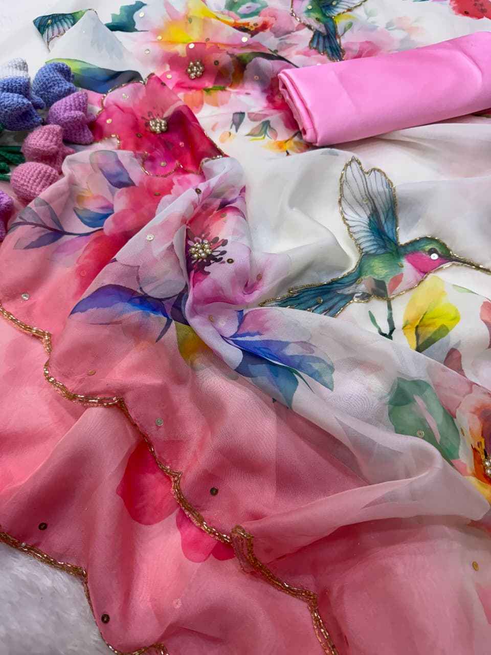SOFT TEBBY SILK FLORAL PRINT HANDWORK SAREE 9