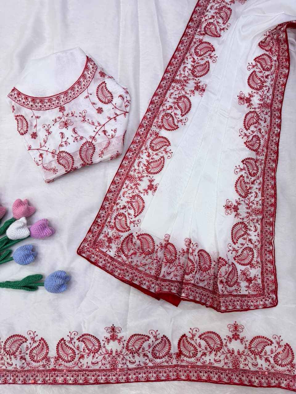 SOFT TEBBY SILK SEQUINS THREAD EMBROIDERY WORK DURGA POOJA SAREE