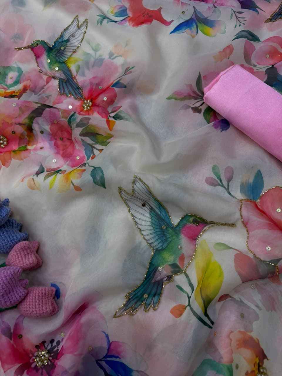 SOFT TEBBY SILK FLORAL PRINT HANDWORK SAREE 9