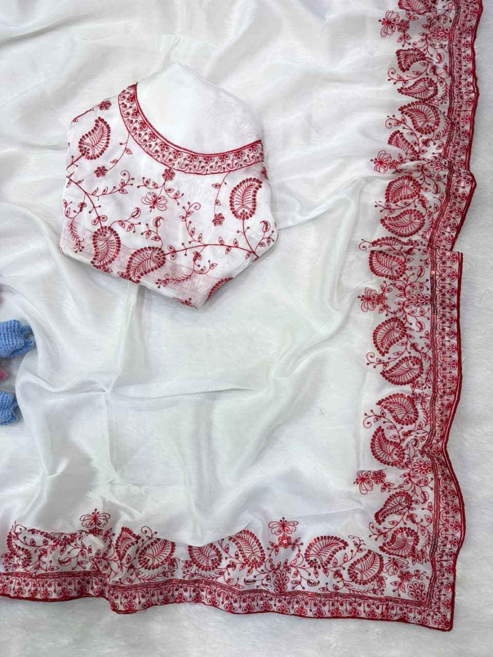 SOFT TEBBY SILK SEQUINS THREAD EMBROIDERY WORK DURGA POOJA SAREE