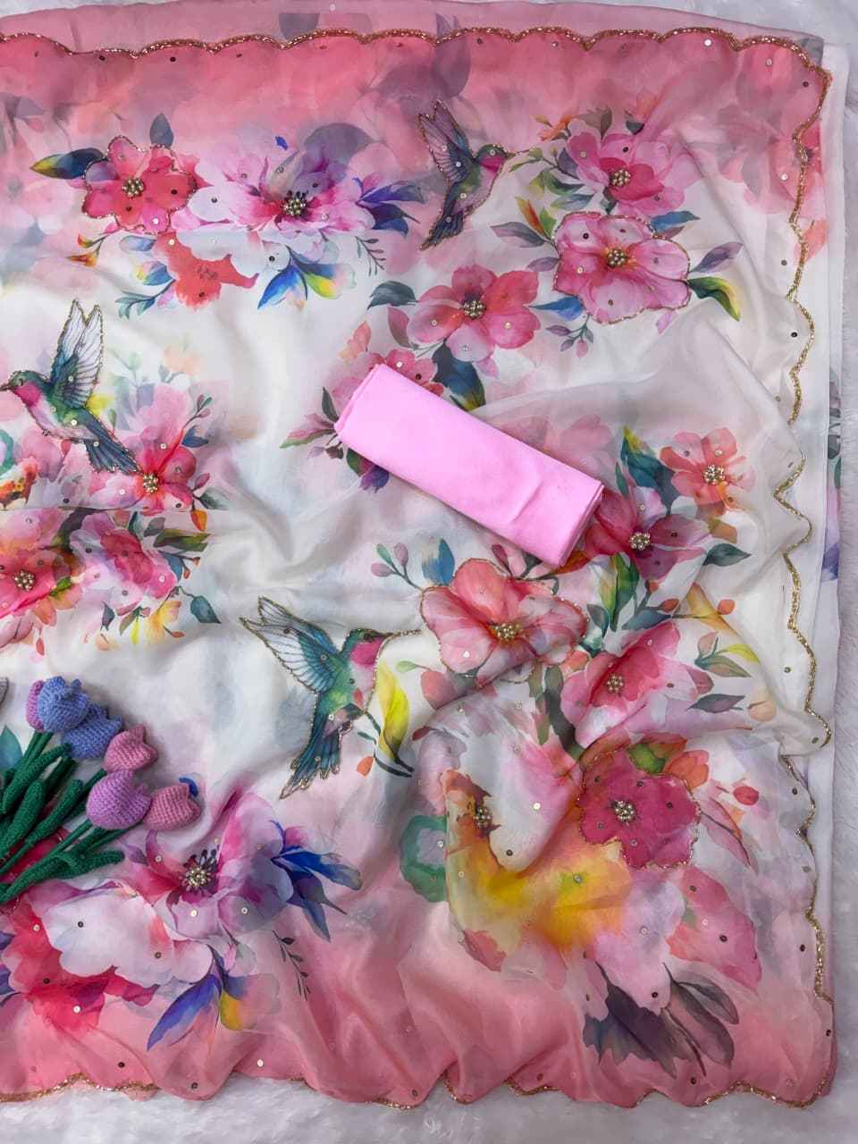 SOFT TEBBY SILK FLORAL PRINT HANDWORK SAREE 9