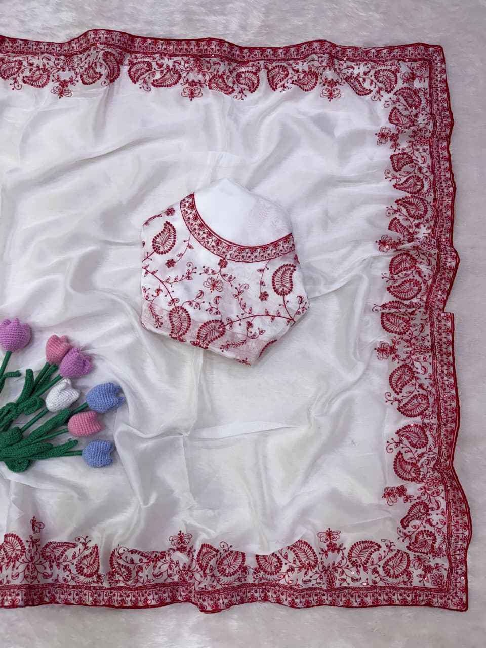 SOFT TEBBY SILK SEQUINS THREAD EMBROIDERY WORK DURGA POOJA SAREE