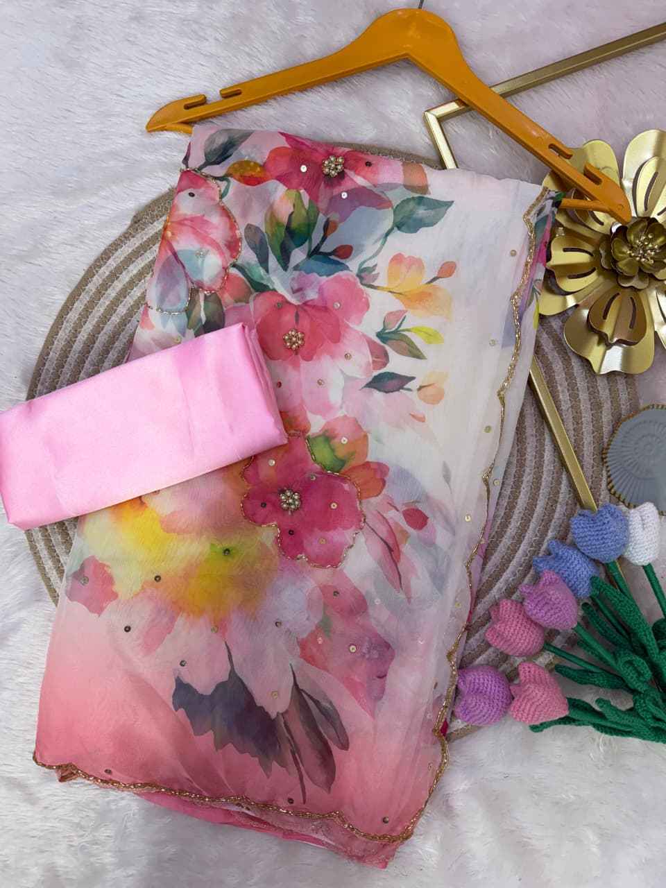 SOFT TEBBY SILK FLORAL PRINT HANDWORK SAREE 9