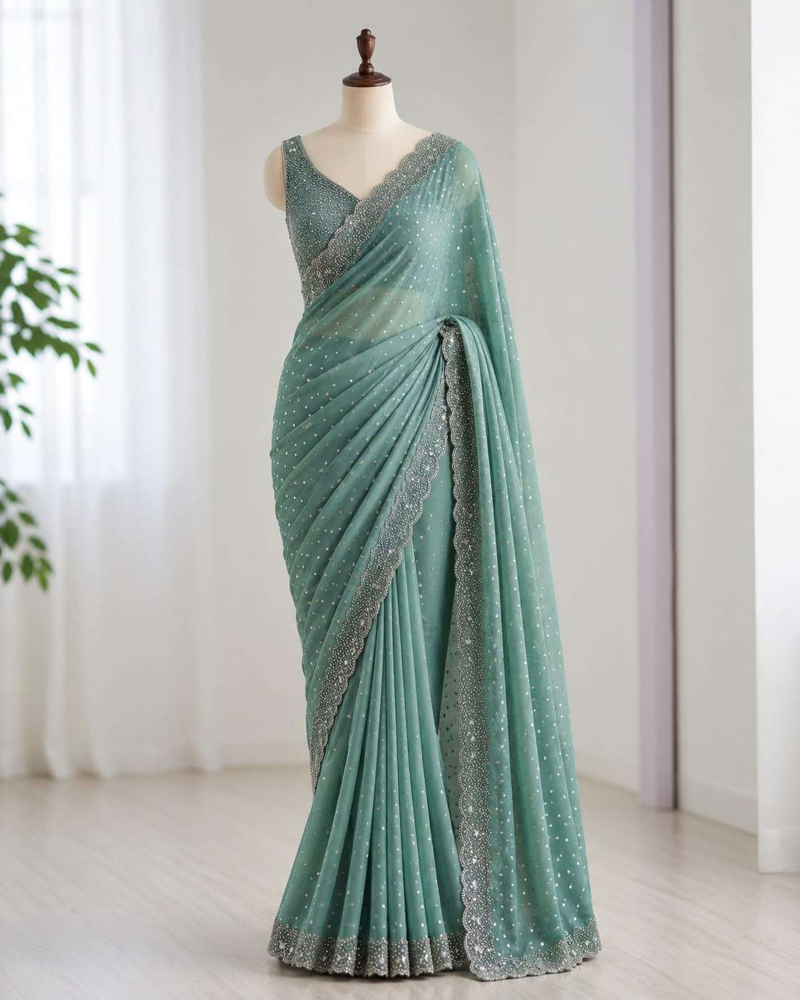 SPACE SILK BUTTI JARKHAN WITH STONE WORK SAREE