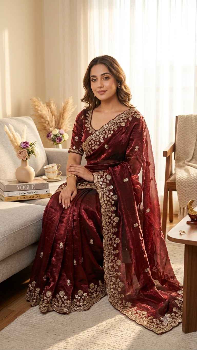 SOFT SPACE SILK SEQUINS & ZARI EMBROIDERY WORK SAREE 4
