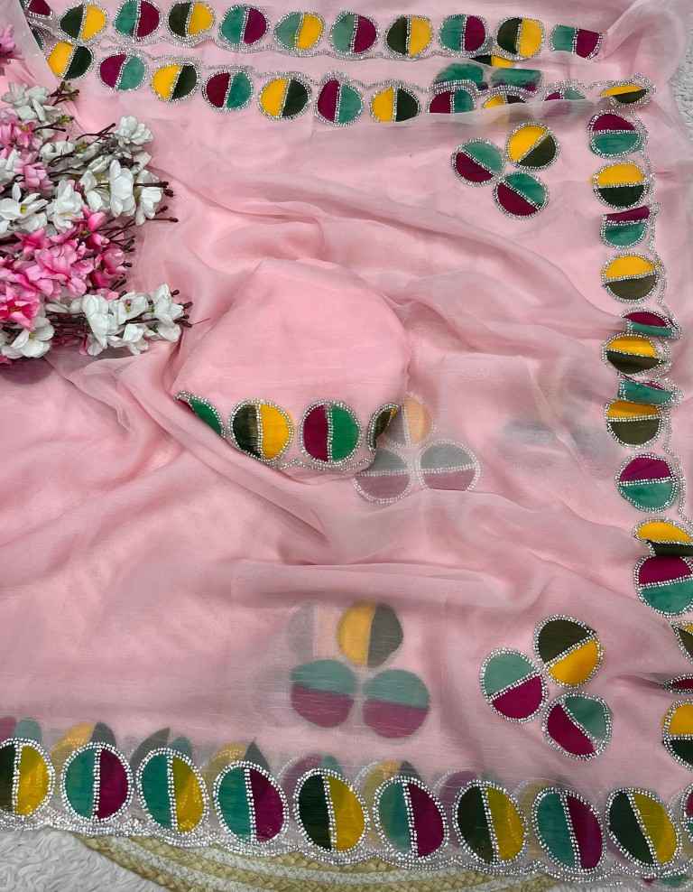 VARI CHIFFON BRUSH PRINT JARKAN WORK SAREE