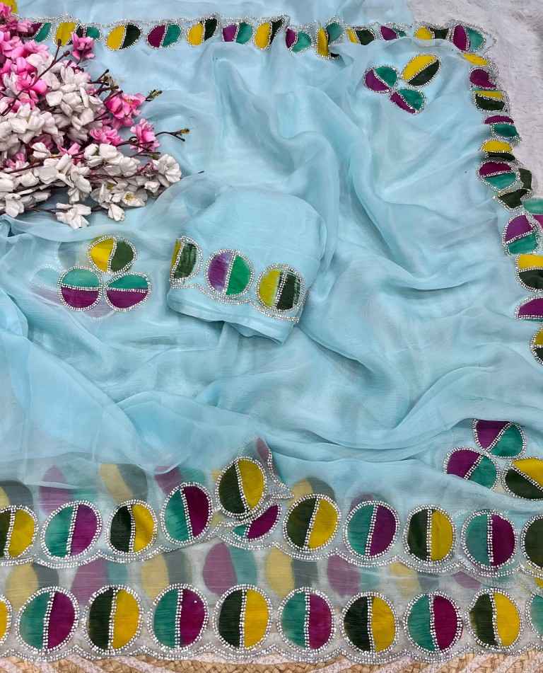 VARI CHIFFON BRUSH PRINT JARKAN WORK SAREE