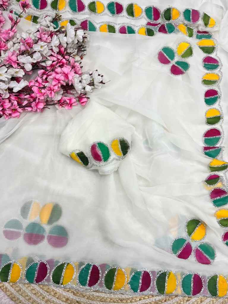 VARI CHIFFON BRUSH PRINT JARKAN WORK SAREE
