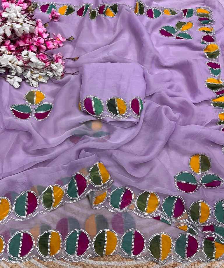 VARI CHIFFON BRUSH PRINT JARKAN WORK SAREE
