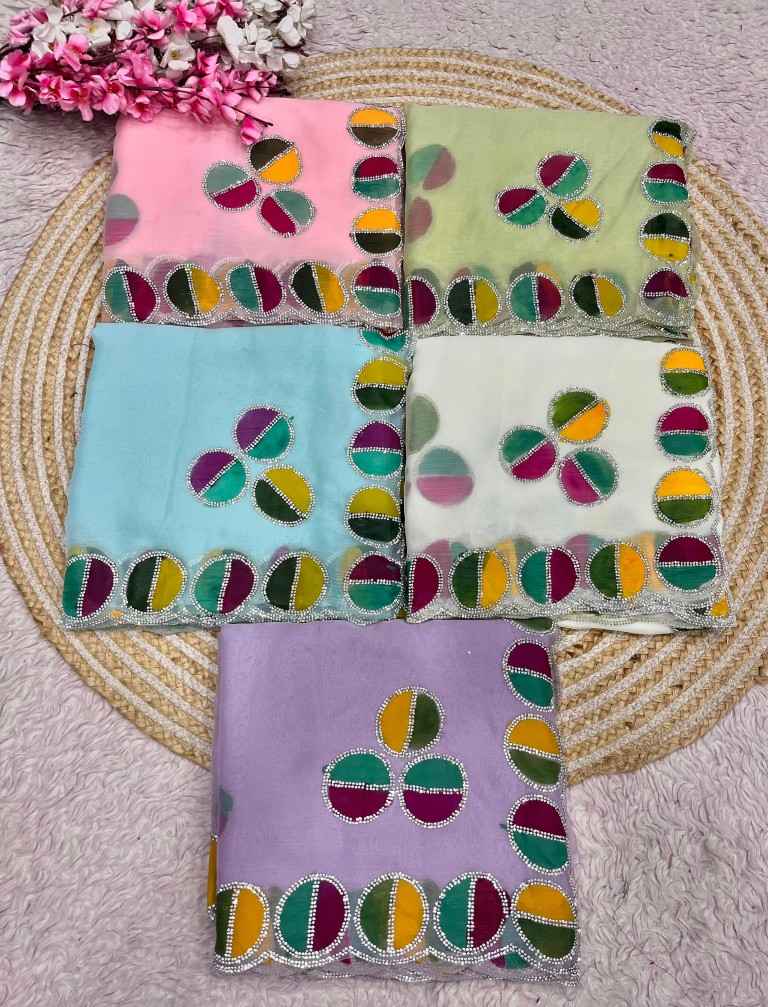 VARI CHIFFON BRUSH PRINT JARKAN WORK SAREE