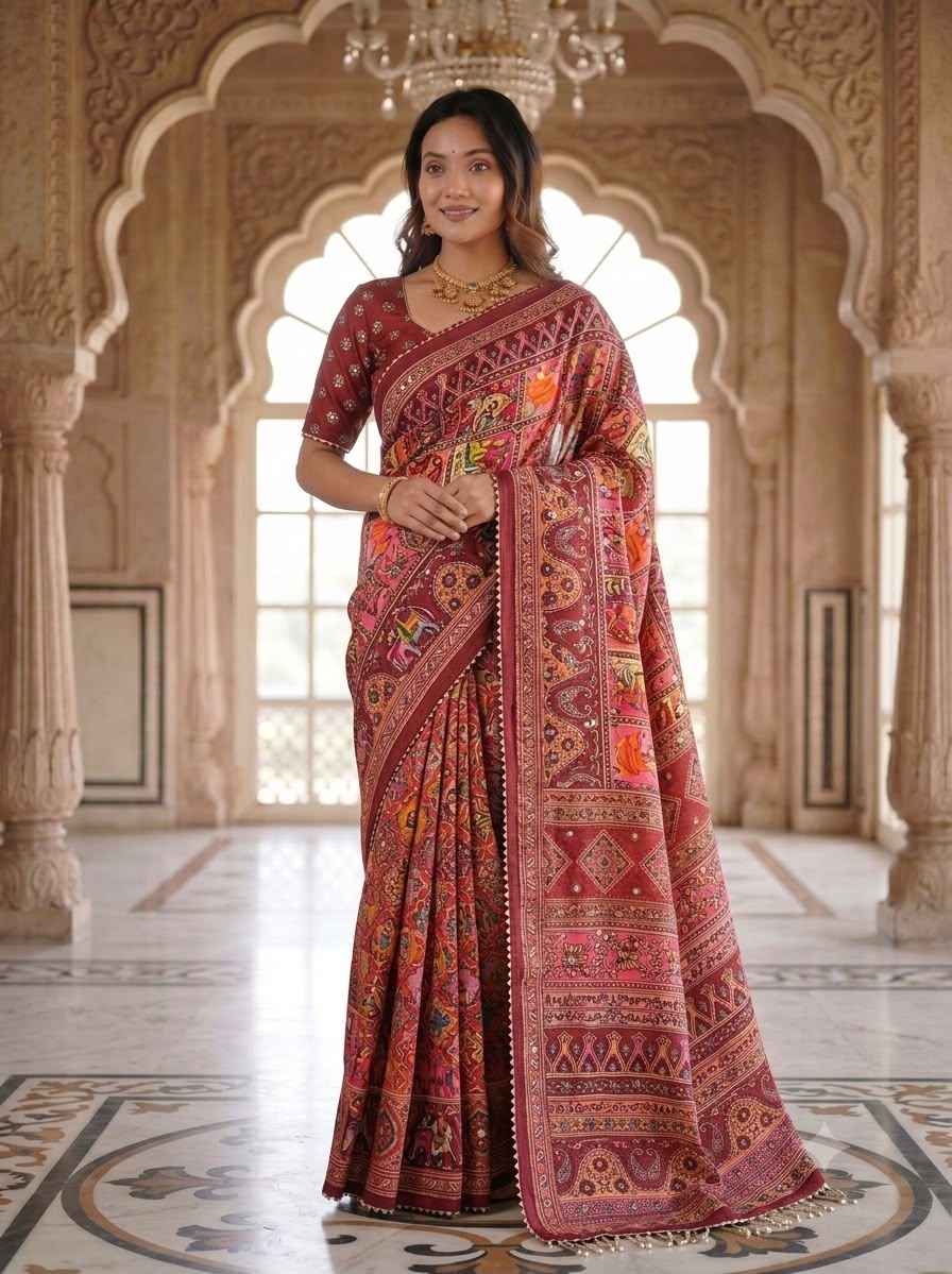 CHINNON SILK DIGTAL PRINT WITH REAL MIRROR WORK SAREE