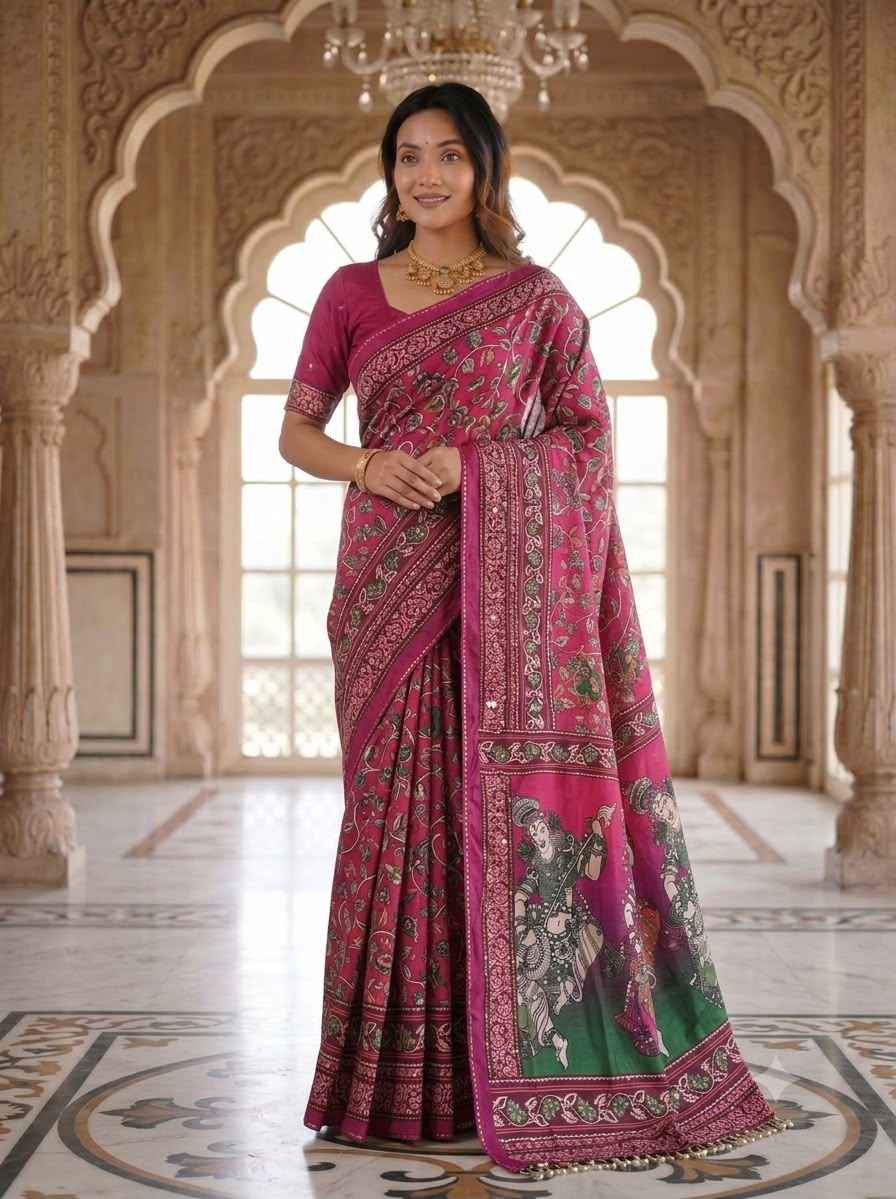 CHINNON SILK DIGTAL PRINT WITH REAL MIRROR WORK SAREE