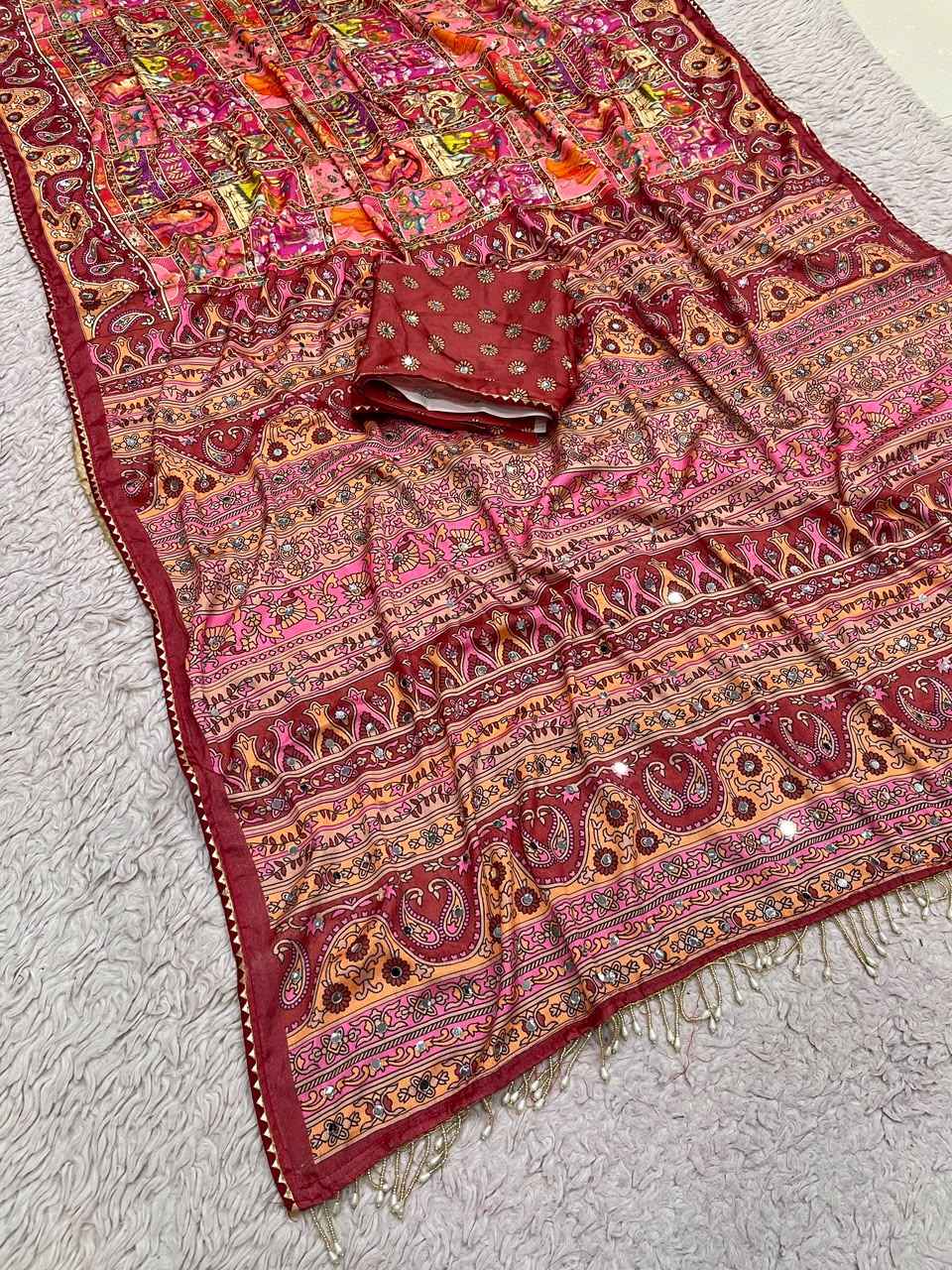 CHINNON SILK DIGTAL PRINT WITH REAL MIRROR WORK SAREE