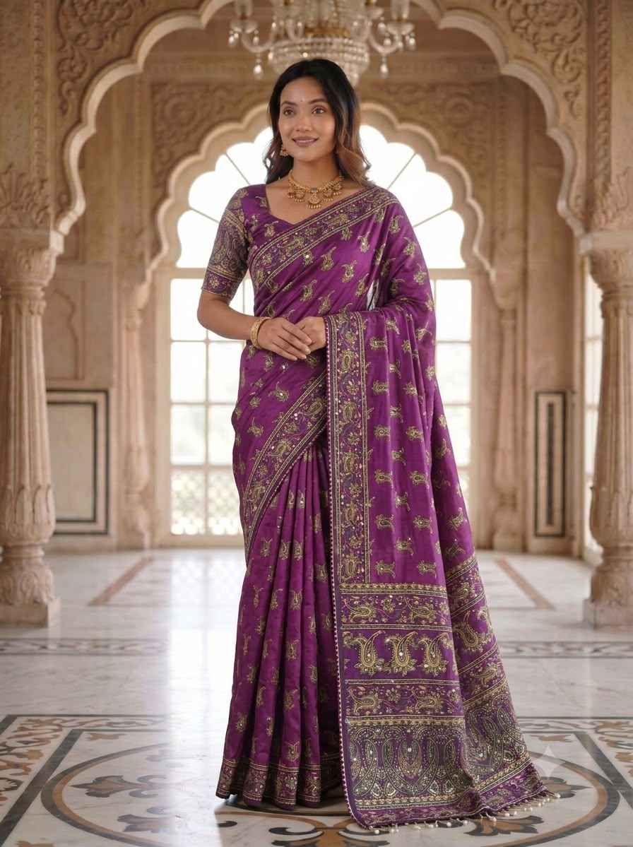 CHINNON SILK DIGTAL PRINT WITH REAL MIRROR WORK SAREE