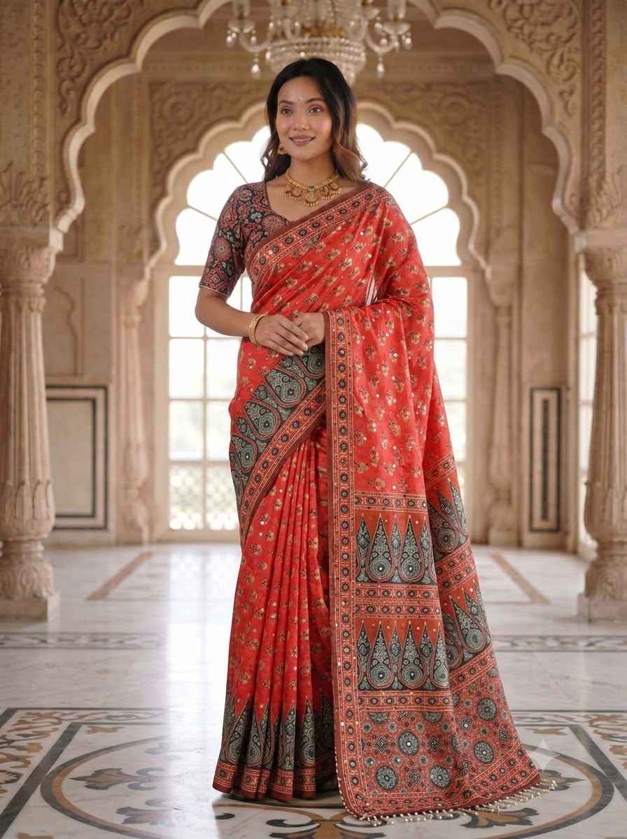 CHINNON SILK DIGTAL PRINT WITH REAL MIRROR WORK SAREE