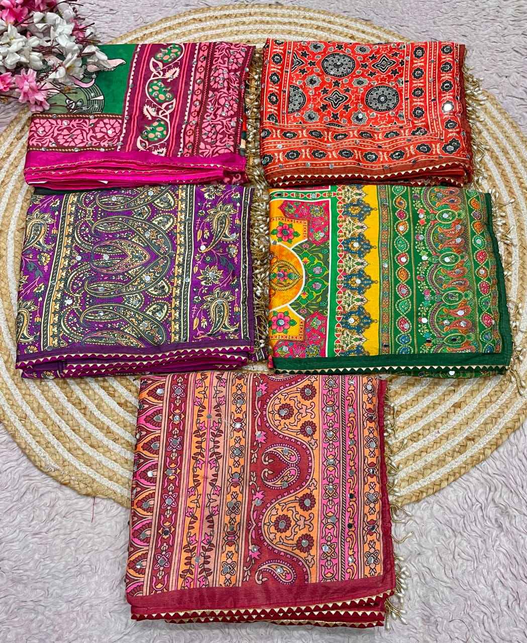 CHINNON SILK DIGTAL PRINT WITH REAL MIRROR WORK SAREE