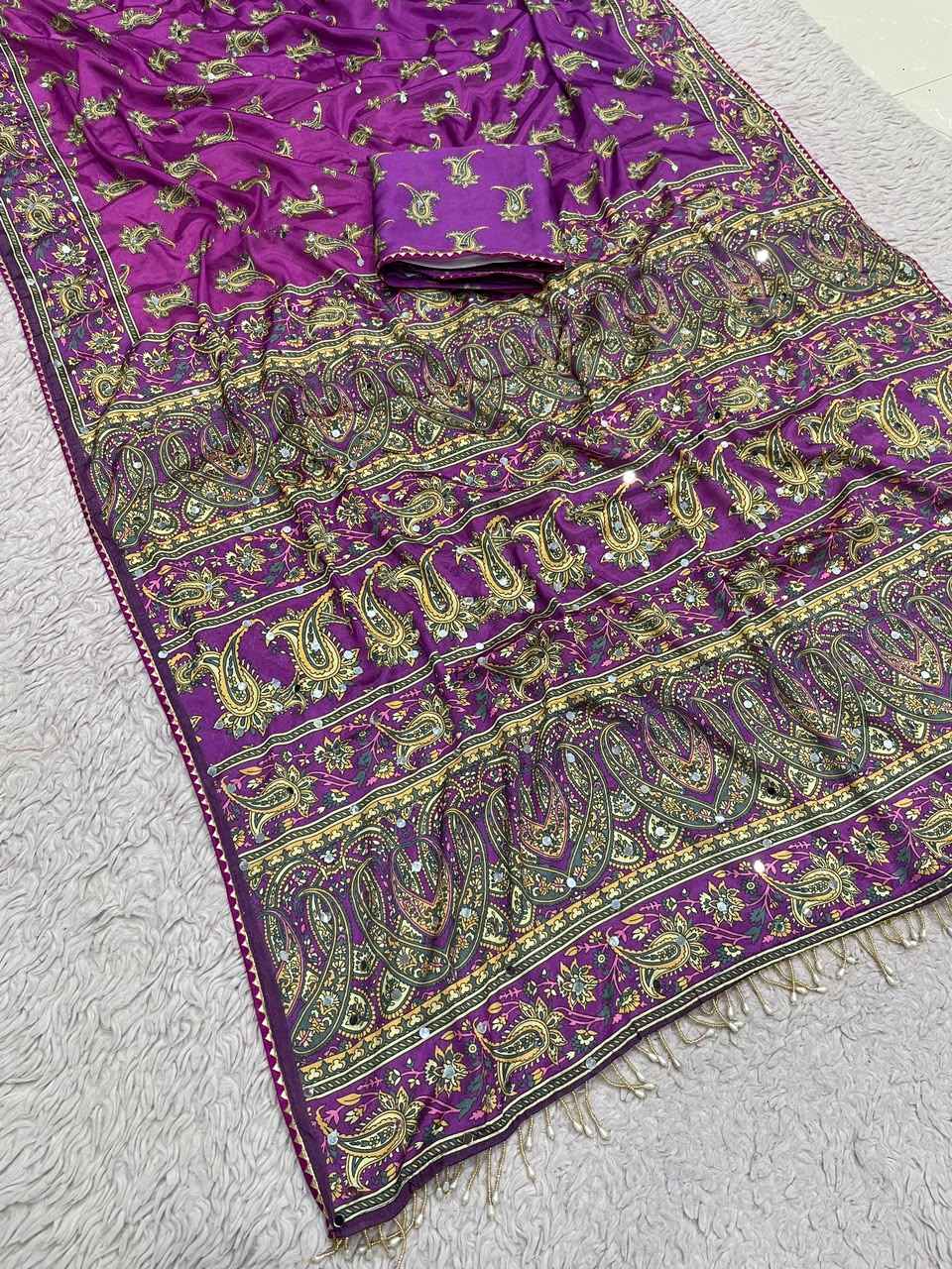 CHINNON SILK DIGTAL PRINT WITH REAL MIRROR WORK SAREE
