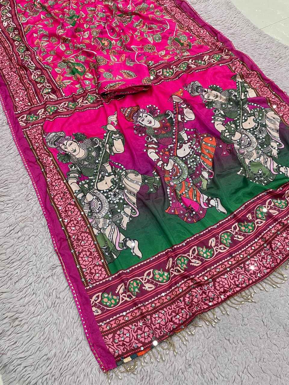 CHINNON SILK DIGTAL PRINT WITH REAL MIRROR WORK SAREE