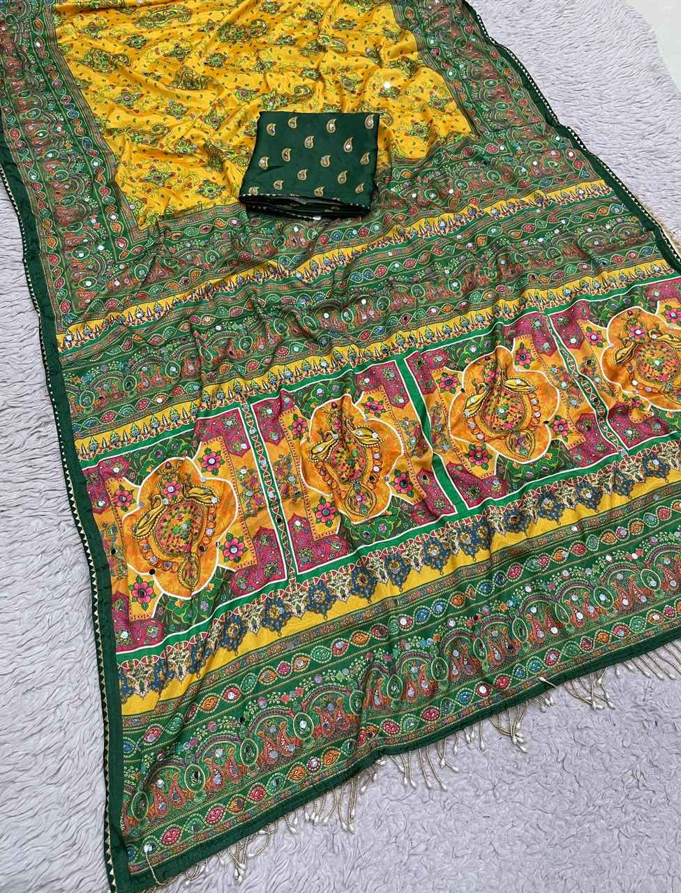 CHINNON SILK DIGTAL PRINT WITH REAL MIRROR WORK SAREE